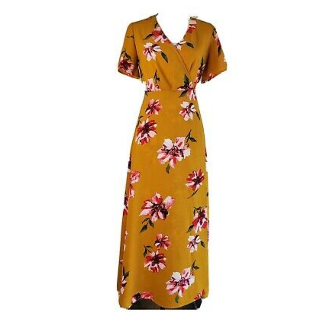 Magnolia Skye sexy mustard floral maxi wrap dress